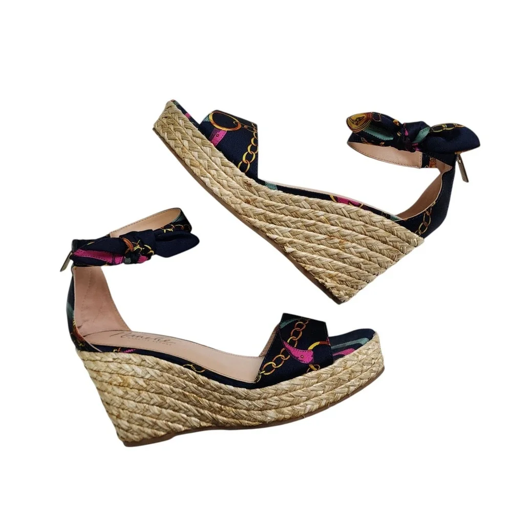 Nanette Lepore Womens Symphony Espadrille Wedge Sandal Size 8.5 Navy Chain Print